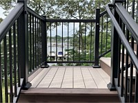 <b>TimberTech Azek Harvest Slate Gray deck boards with Kona feature deck boards and stair risers-Black Ultralox Aluminum Railing</b>